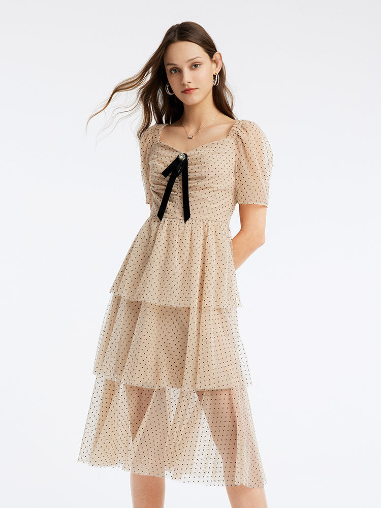 Polka Dot Mesh Square Neck Midi Dress