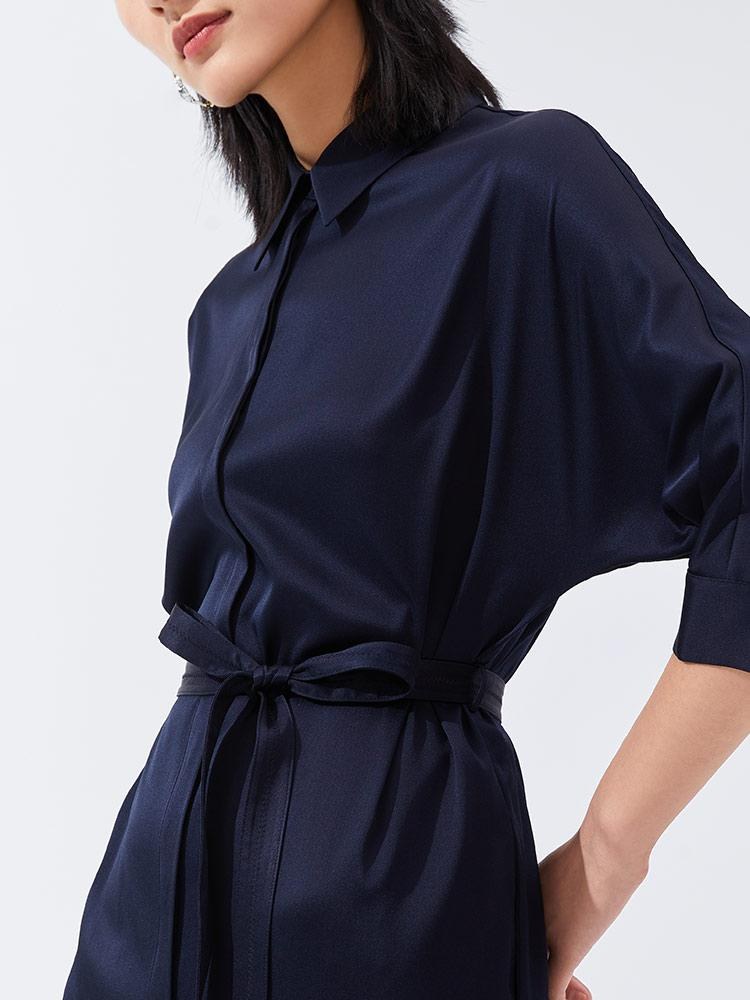 Silk Gathered Waist Women Shirt Dress