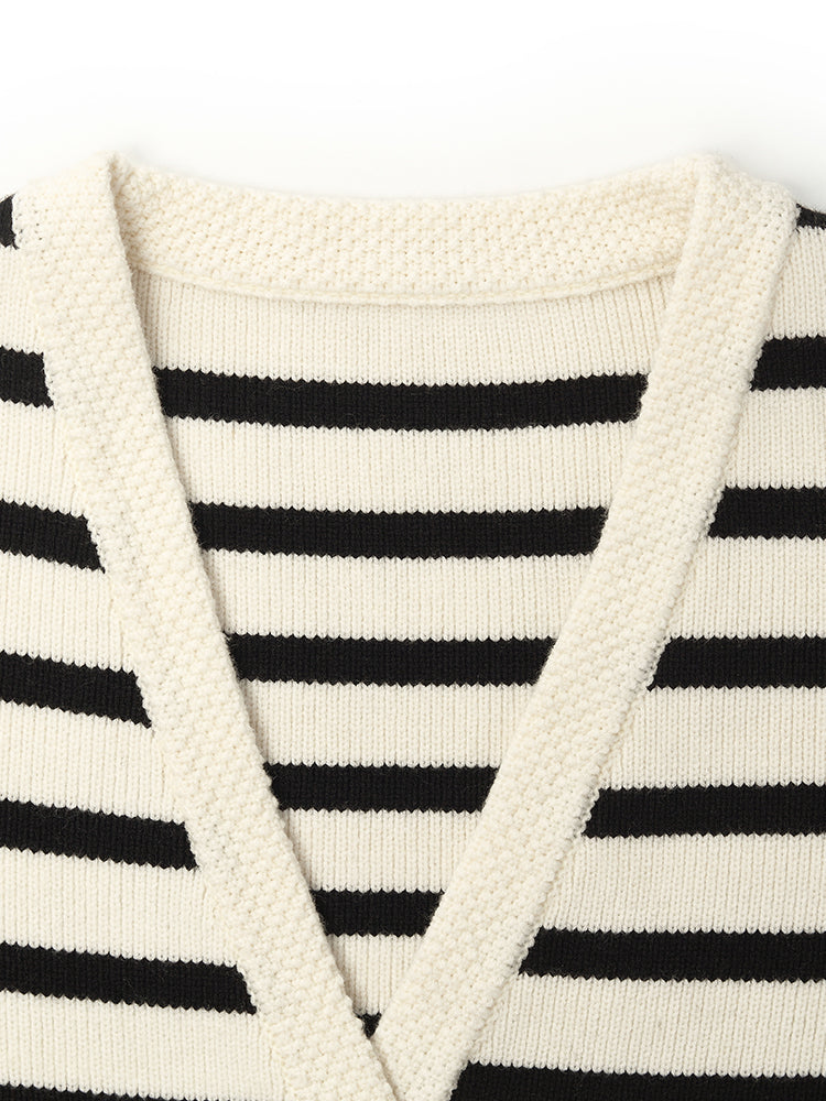 V-Neck Striped Double-Breasted Knitted Cardigan