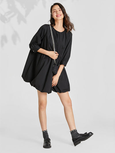 Oversized Round Neck Three Quarter Sleeve Mini Dress With Bag