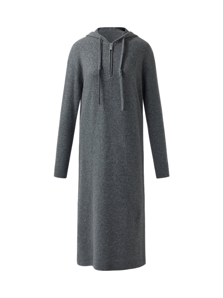 Wool Blend Women Hooded Midi Dress