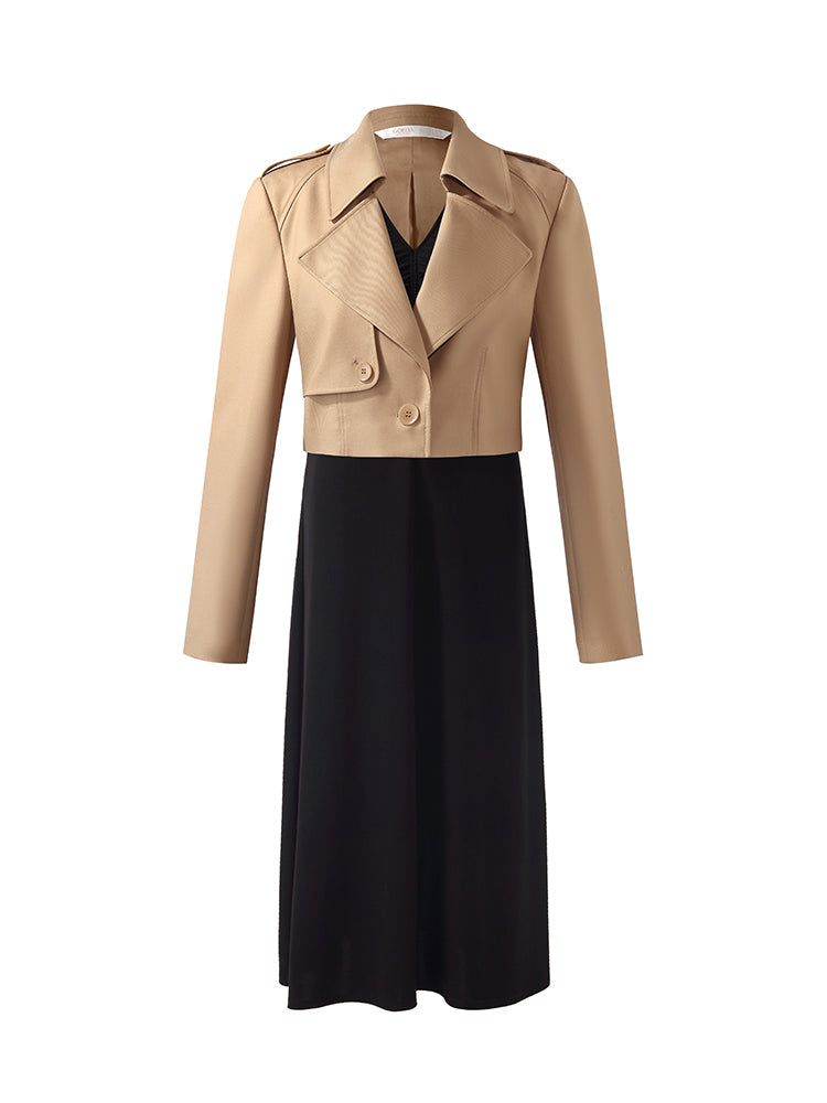 Worsted Wool Lapel Cropped Trench Coat And Acetate Midi Dress Two-Piece Set