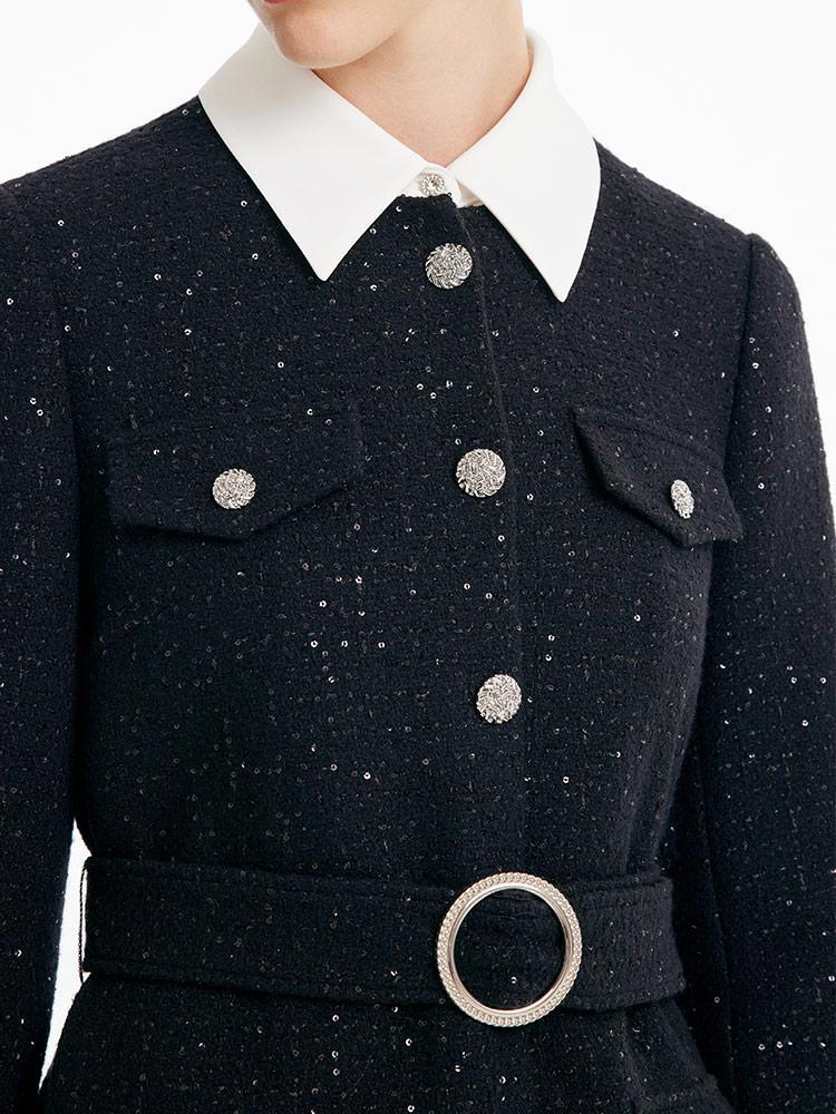 Removable Collar Tweed Waist-cinching Woolen Dress