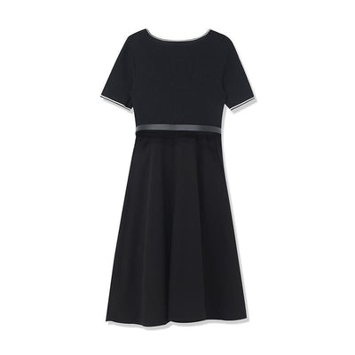 Gathered Waist Acetate Midi Black Dress With Leather Belt